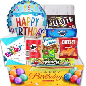 Birthday Gift Basket Candy variety pack with a Happy Birthday Balloon Care Package w/snacks and greeting card, for boy, girl, teenage, adults, best friend, Girlfriend, Boyfriend
