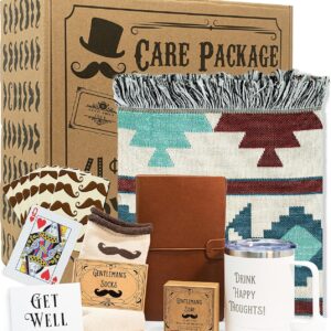 Get Well Soon Gift Basket Men | Care Package For Men | Includes Soft Blanket, Insulated Mug, Journal, Pen, Soap, and Cozy Socks | Packaged In a Vintage Gift Box