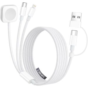 Travel Essentials 3 in 2 Multi Charging Cable for iWatch Charger/Type C/IP, Nylon iPhone Charger Cord, Travel Charger for Multiple Devices Compatible with iWatch Series/iPhone 16-11/iPad/AirPods 4FT