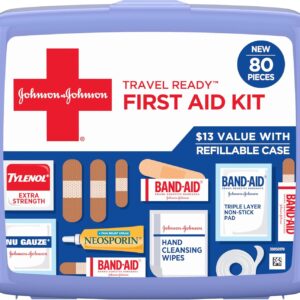 Band-Aid Travel Ready Portable Emergency First Aid Kit for Minor Wound Care with Assorted Adhesive Bandages, Gauze Pads & More, Ideal for Travel, Car & On-The-Go, 80 pc