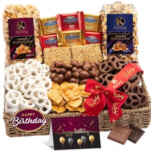 KREMERY Creamy Chocolate Cravings - Happy Birthday Treats, Chocolate Covered Pretzels & Caramel Popcorn Gift Basket, in Seagrass Tray + Ribbon & Greeting Card (Deluxe, 3.5 lbs) Kosher Dairy, USA Made