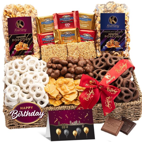 KREMERY Creamy Chocolate Cravings - Happy Birthday Treats, Chocolate Covered Pretzels & Caramel Popcorn Gift Basket, in Seagrass Tray + Ribbon & Greeting Card (Deluxe, 3.5 lbs) Kosher Dairy, USA Made