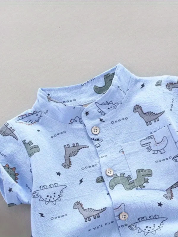 Infant and toddler summer full print small dinosaur pattern short sleeved shorts set, outdoor standing collar shirt, fashionable - Image 3