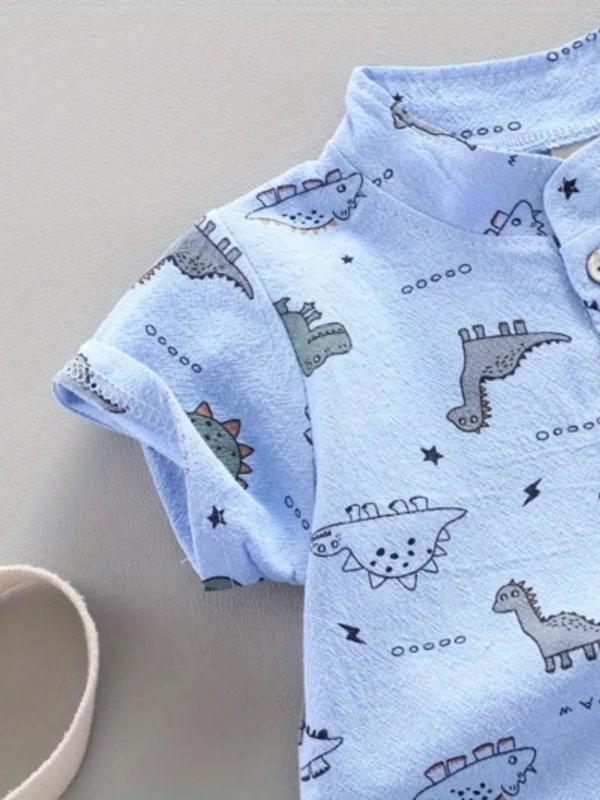 Infant and toddler summer full print small dinosaur pattern short sleeved shorts set, outdoor standing collar shirt, fashionable - Image 4