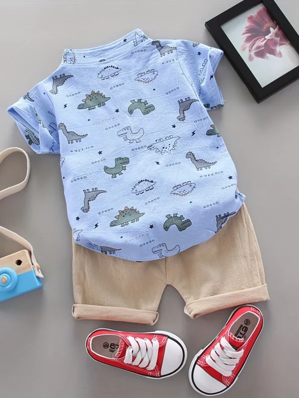 Infant and toddler summer full print small dinosaur pattern short sleeved shorts set, outdoor standing collar shirt, fashionable - Image 2