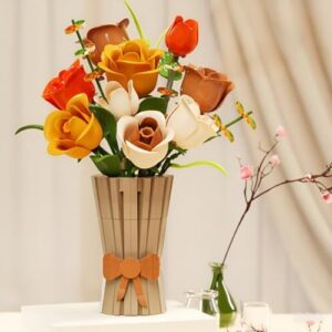 Flowers Bouquet Building Blocks Set with Vase, Icon Roses Kits Botanical Collection Home Office Decor Mother's Day Birthdays Aniversary Gifts for Adults Mom Women Girls Old Kids Age 8+, 8-12