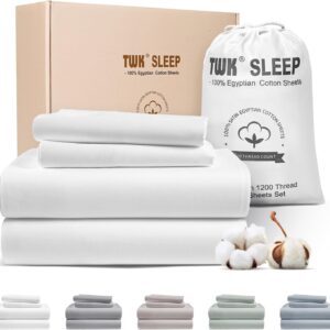 TWK 1200 TC 100% Egyptian Long-Staple Cotton Bedding Sheets Set, Luxury Hotel Style Deep Pocket with Elastic Reinforced Seams Sheet Set, Soft & Comfy Natural Sheets (White, Queen)
