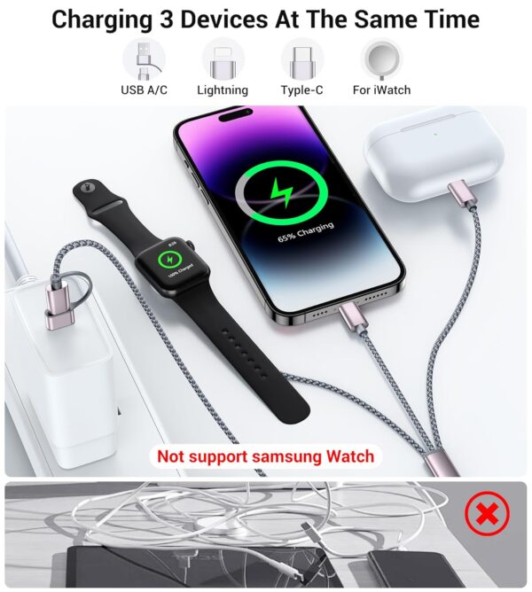 Temdan for Travel Essentials,3 in 2 USB C Cable for Apple Watch Charger/iPhone 17 Charger/Lightning,Multi Charging Cable Cord,Vacation Camping Essentials,Portable Designed for iWatch &iPhone 16-12-4FT - Image 3