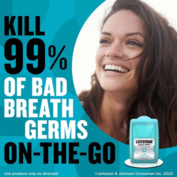 Listerine PocketPaks Cool Mint Breath Strips, Portable Pocket-Sized Oral Care Mouth Freshener, Dissolving Strips Kill 99% of Bad Breath Germs, Sugar Free, 3 x 24-Strip Packs - Image 4